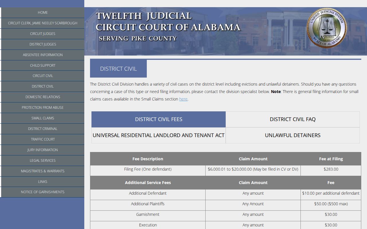Pike County court dockets District Civil procedure