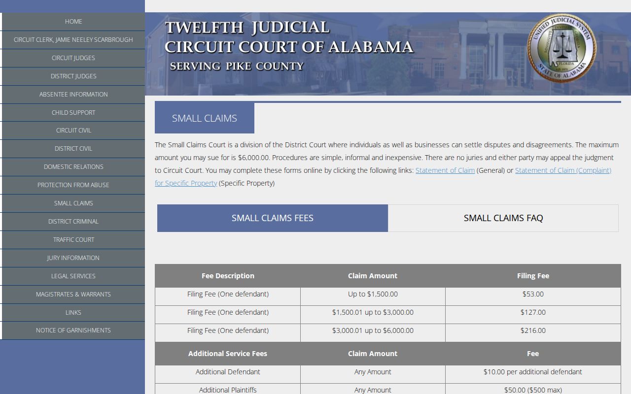 Pike County court dockets small claims procedure