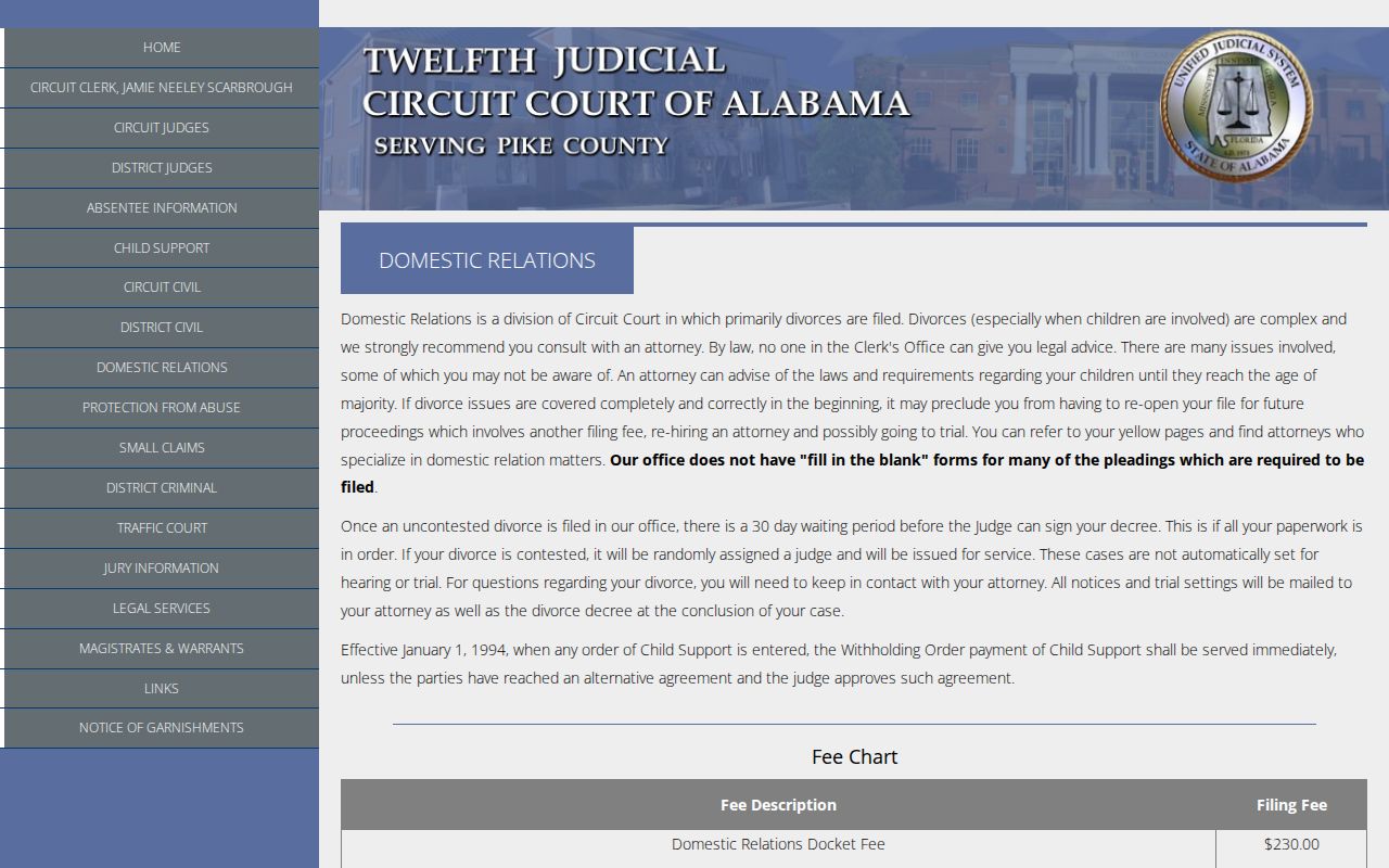 Pike County court dockets domestic relations filings